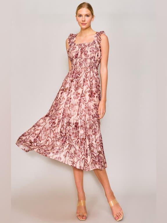 Nwt Melloday Floral Ruffle Tiered Midi-Maxi Dress | Pink Floral | Large
